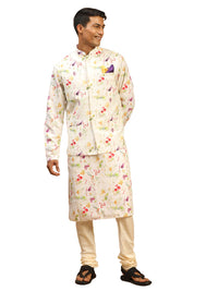 Thumbnail for Vastramay Men's Cream Cotton Blend Jacket, Kurta And Pyjama Set - Distacart