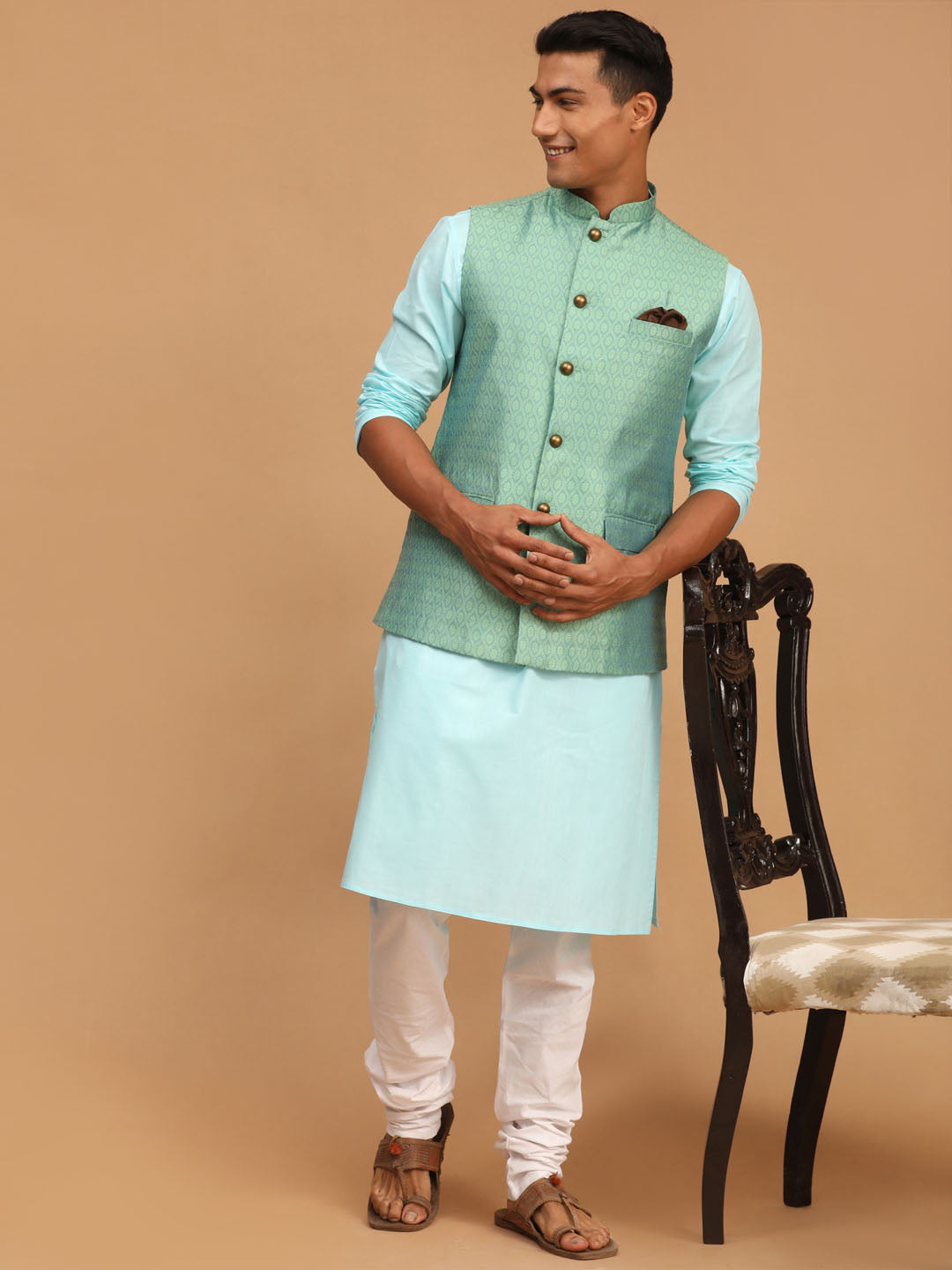 Vastramay Men's Aqua, Green And White Cotton Blend Jacket, Kurta And Pyjama Set - Distacart