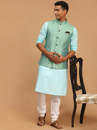 Thumbnail for Vastramay Men's Aqua, Green And White Cotton Blend Jacket, Kurta And Pyjama Set - Distacart