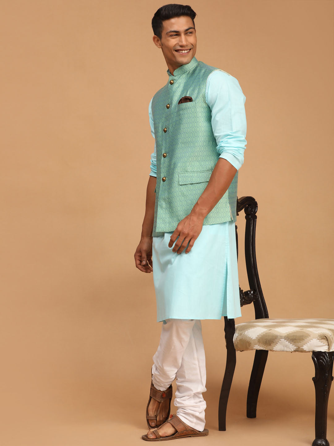 Vastramay Men's Aqua, Green And White Cotton Blend Jacket, Kurta And Pyjama Set - Distacart