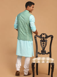 Thumbnail for Vastramay Men's Aqua, Green And White Cotton Blend Jacket, Kurta And Pyjama Set - Distacart