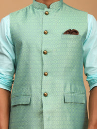 Thumbnail for Vastramay Men's Aqua, Green And White Cotton Blend Jacket, Kurta And Pyjama Set - Distacart