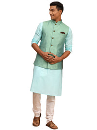 Thumbnail for Vastramay Men's Aqua, Green And White Cotton Blend Jacket, Kurta And Pyjama Set - Distacart