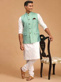 Thumbnail for Vastramay Men's Green And White Cotton Blend Jacket, Kurta And Pyjama Set - Distacart