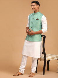 Thumbnail for Vastramay Men's Green And White Cotton Blend Jacket, Kurta And Pyjama Set - Distacart