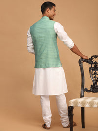 Thumbnail for Vastramay Men's Green And White Cotton Blend Jacket, Kurta And Pyjama Set - Distacart