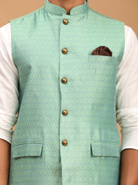 Thumbnail for Vastramay Men's Green And White Cotton Blend Jacket, Kurta And Pyjama Set - Distacart