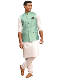 Thumbnail for Vastramay Men's Green And White Cotton Blend Jacket, Kurta And Pyjama Set - Distacart