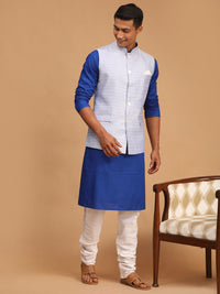 Thumbnail for Vastramay Men's Blue And White Cotton Blend Jacket, Kurta And Pyjama Set - Distacart