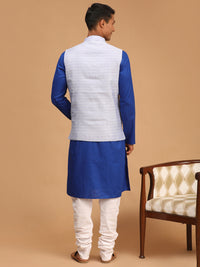 Thumbnail for Vastramay Men's Blue And White Cotton Blend Jacket, Kurta And Pyjama Set - Distacart