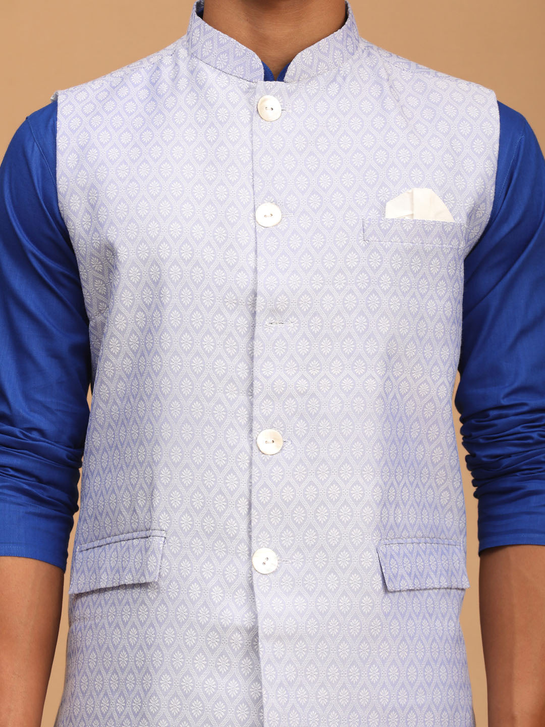 Vastramay Men's Blue And White Cotton Blend Jacket, Kurta And Pyjama Set - Distacart