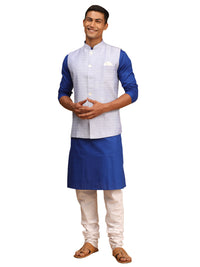 Thumbnail for Vastramay Men's Blue And White Cotton Blend Jacket, Kurta And Pyjama Set - Distacart
