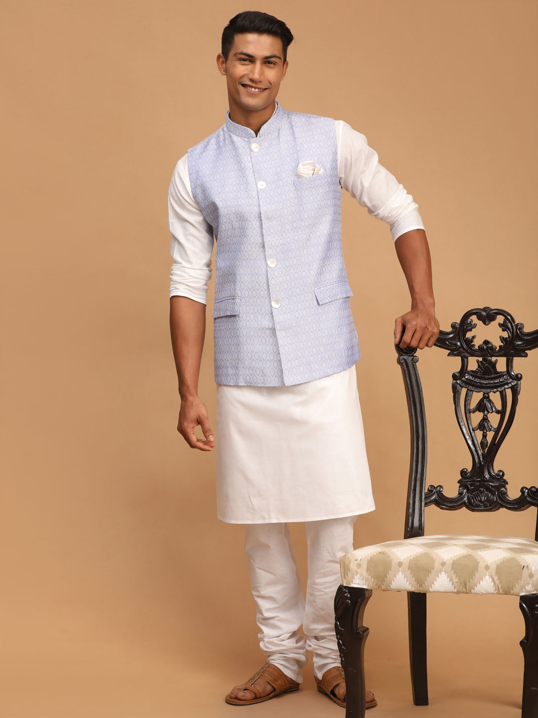 Vastramay Men's Blue And White Cotton Blend Jacket, Kurta And Pyjama Set - Distacart