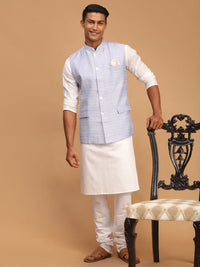 Thumbnail for Vastramay Men's Blue And White Cotton Blend Jacket, Kurta And Pyjama Set - Distacart