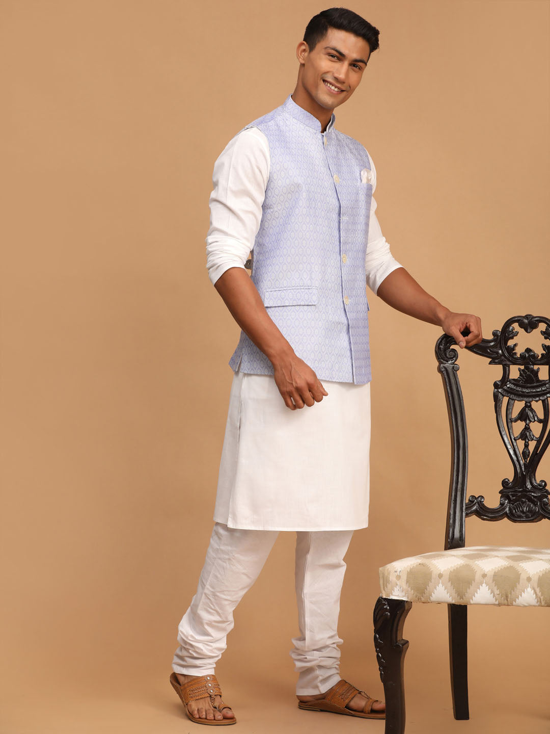 Vastramay Men's Blue And White Cotton Blend Jacket, Kurta And Pyjama Set - Distacart