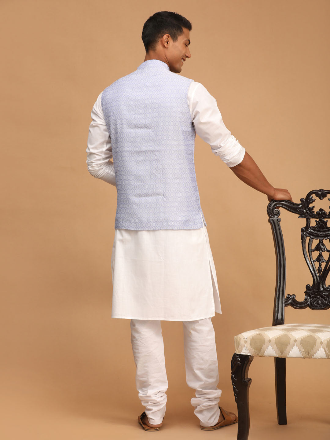 Vastramay Men's Blue And White Cotton Blend Jacket, Kurta And Pyjama Set - Distacart