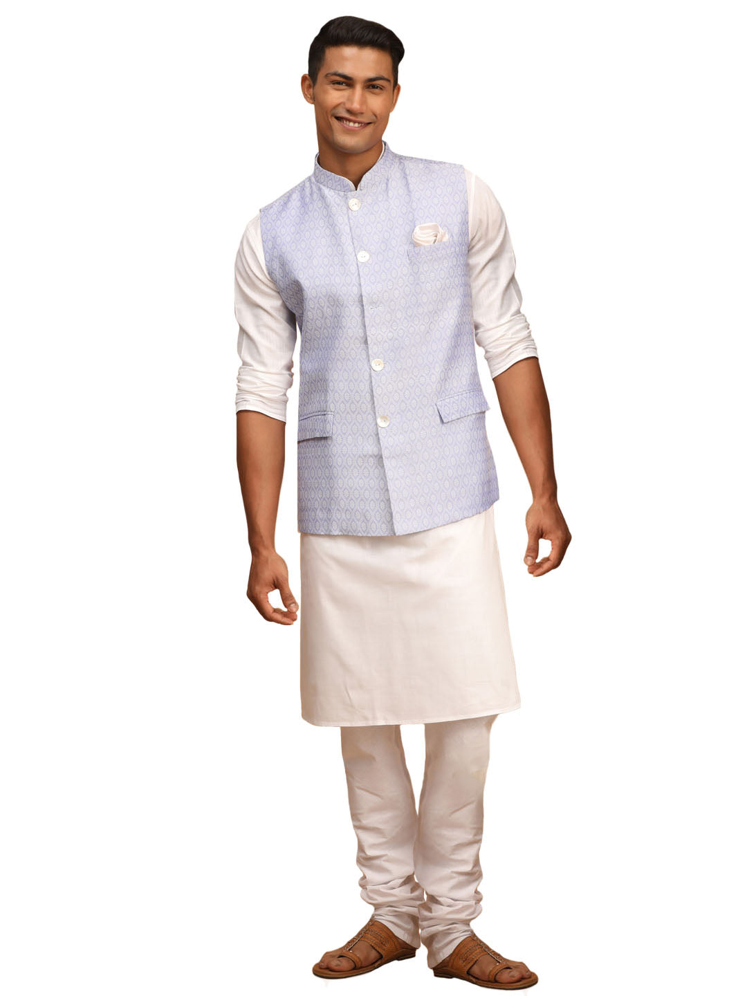 Vastramay Men's Blue And White Cotton Blend Jacket, Kurta And Pyjama Set - Distacart