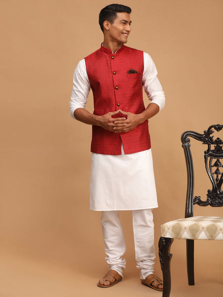 Vastramay Men's Maroon And White Cotton Blend Jacket, Kurta And Pyjama Set - Distacart