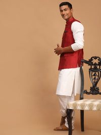 Thumbnail for Vastramay Men's Maroon And White Cotton Blend Jacket, Kurta And Pyjama Set - Distacart
