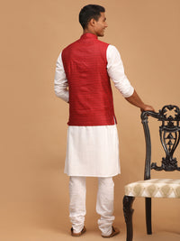 Thumbnail for Vastramay Men's Maroon And White Cotton Blend Jacket, Kurta And Pyjama Set - Distacart