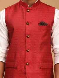Thumbnail for Vastramay Men's Maroon And White Cotton Blend Jacket, Kurta And Pyjama Set - Distacart