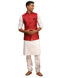 Thumbnail for Vastramay Men's Maroon And White Cotton Blend Jacket, Kurta And Pyjama Set - Distacart
