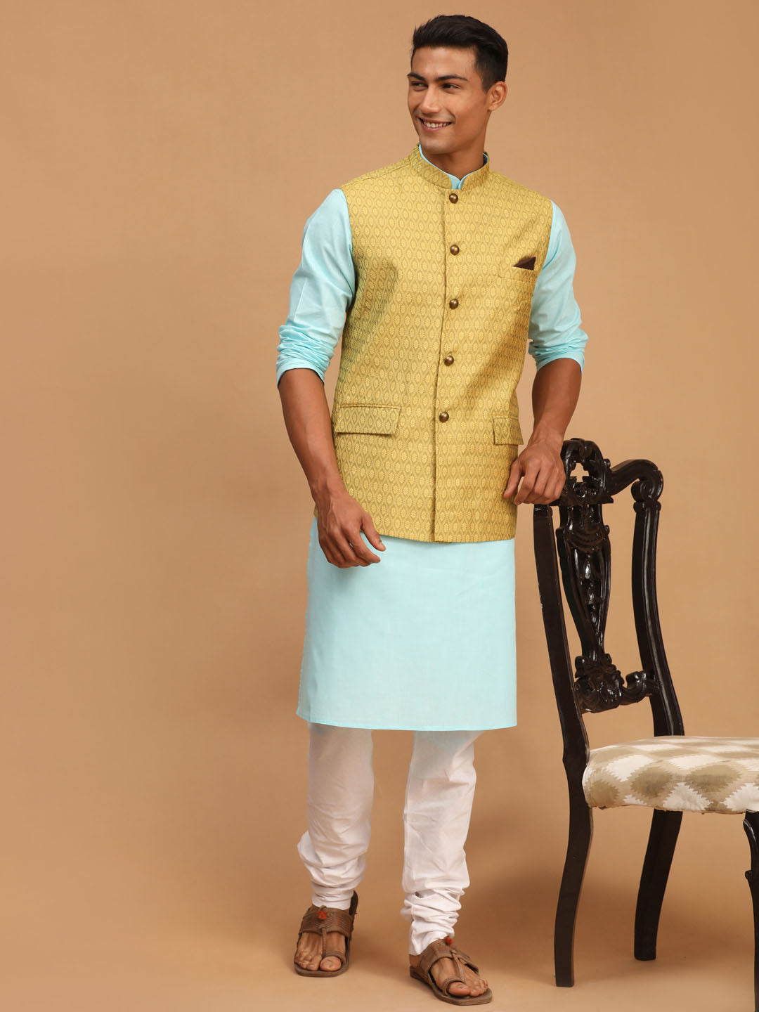 Vastramay Men's Aqua, Yellow And White Cotton Blend Jacket, Kurta And Pyjama Set - Distacart