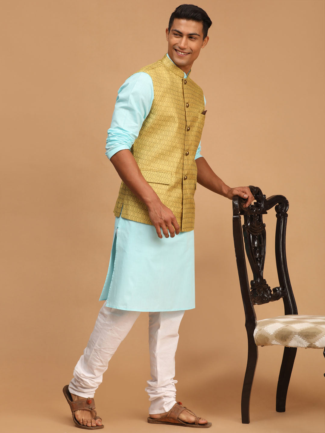 Vastramay Men's Aqua, Yellow And White Cotton Blend Jacket, Kurta And Pyjama Set - Distacart