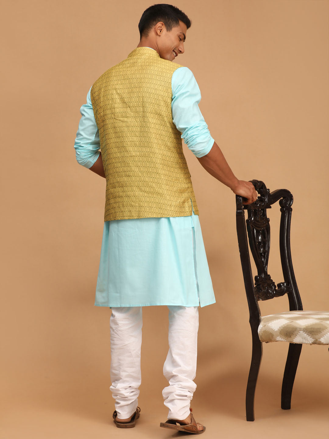 Vastramay Men's Aqua, Yellow And White Cotton Blend Jacket, Kurta And Pyjama Set - Distacart
