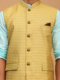Thumbnail for Vastramay Men's Aqua, Yellow And White Cotton Blend Jacket, Kurta And Pyjama Set - Distacart