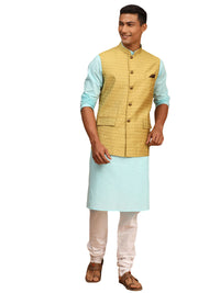 Thumbnail for Vastramay Men's Aqua, Yellow And White Cotton Blend Jacket, Kurta And Pyjama Set - Distacart