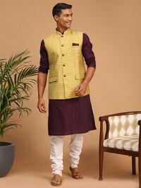 Thumbnail for Vastramay Men's Purple, Yellow And White Cotton Blend Jacket, Kurta And Pyjama Set - Distacart