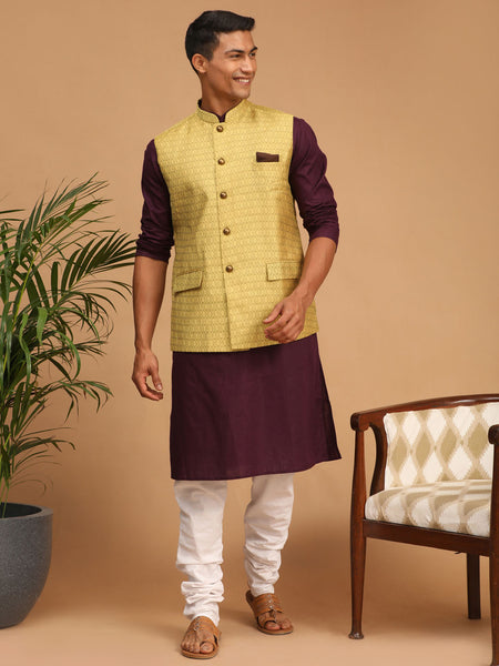 Vastramay Men's Purple, Yellow And White Cotton Blend Jacket, Kurta And Pyjama Set - Distacart