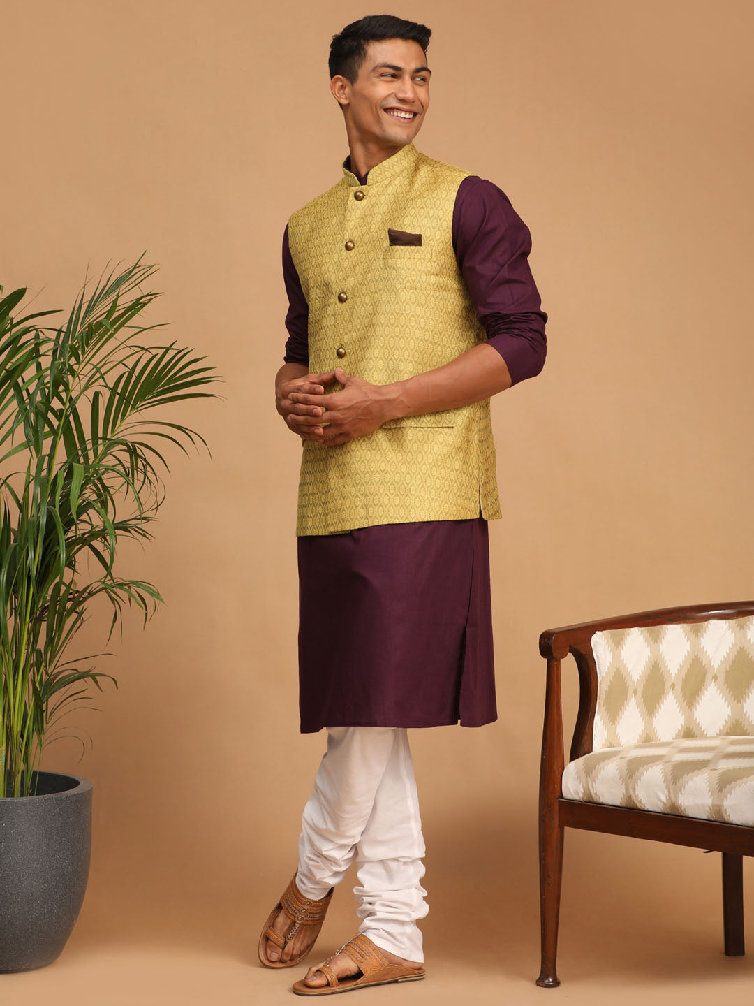 Vastramay Men's Purple, Yellow And White Cotton Blend Jacket, Kurta And Pyjama Set - Distacart