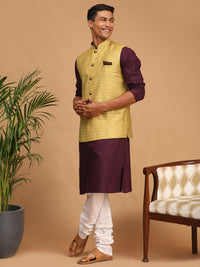 Thumbnail for Vastramay Men's Purple, Yellow And White Cotton Blend Jacket, Kurta And Pyjama Set - Distacart