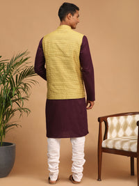 Thumbnail for Vastramay Men's Purple, Yellow And White Cotton Blend Jacket, Kurta And Pyjama Set - Distacart