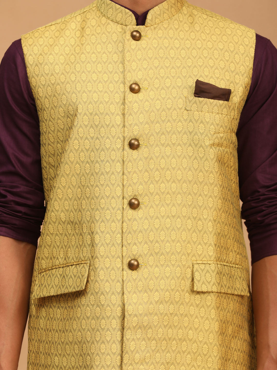 Vastramay Men's Purple, Yellow And White Cotton Blend Jacket, Kurta And Pyjama Set - Distacart