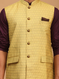 Thumbnail for Vastramay Men's Purple, Yellow And White Cotton Blend Jacket, Kurta And Pyjama Set - Distacart