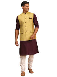 Thumbnail for Vastramay Men's Purple, Yellow And White Cotton Blend Jacket, Kurta And Pyjama Set - Distacart
