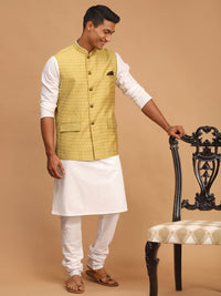 Thumbnail for Vastramay Men's Yellow And White Cotton Blend Jacket, Kurta And Pyjama Set - Distacart