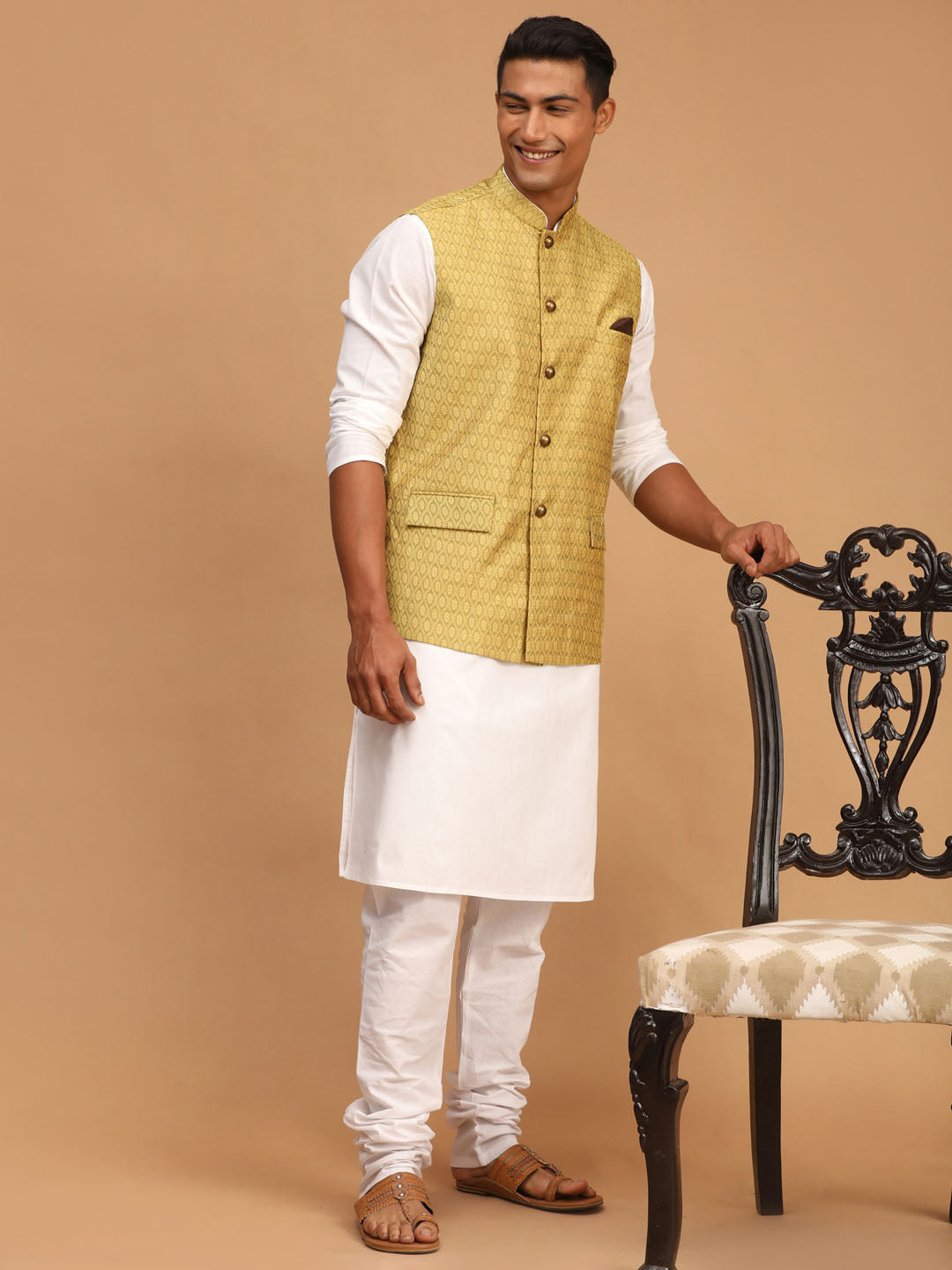 Vastramay Men's Yellow And White Cotton Blend Jacket, Kurta And Pyjama Set - Distacart