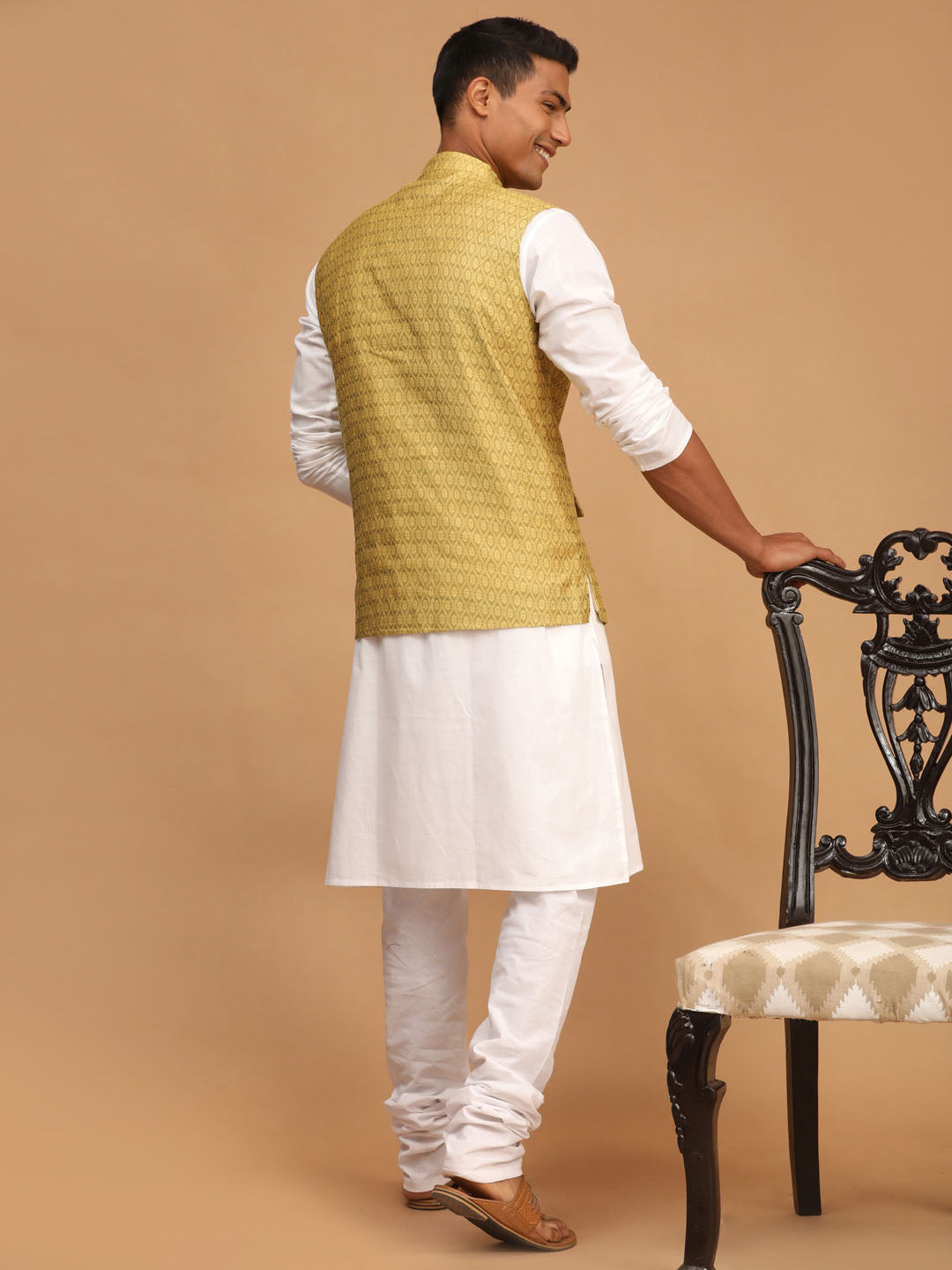 Vastramay Men's Yellow And White Cotton Blend Jacket, Kurta And Pyjama Set - Distacart