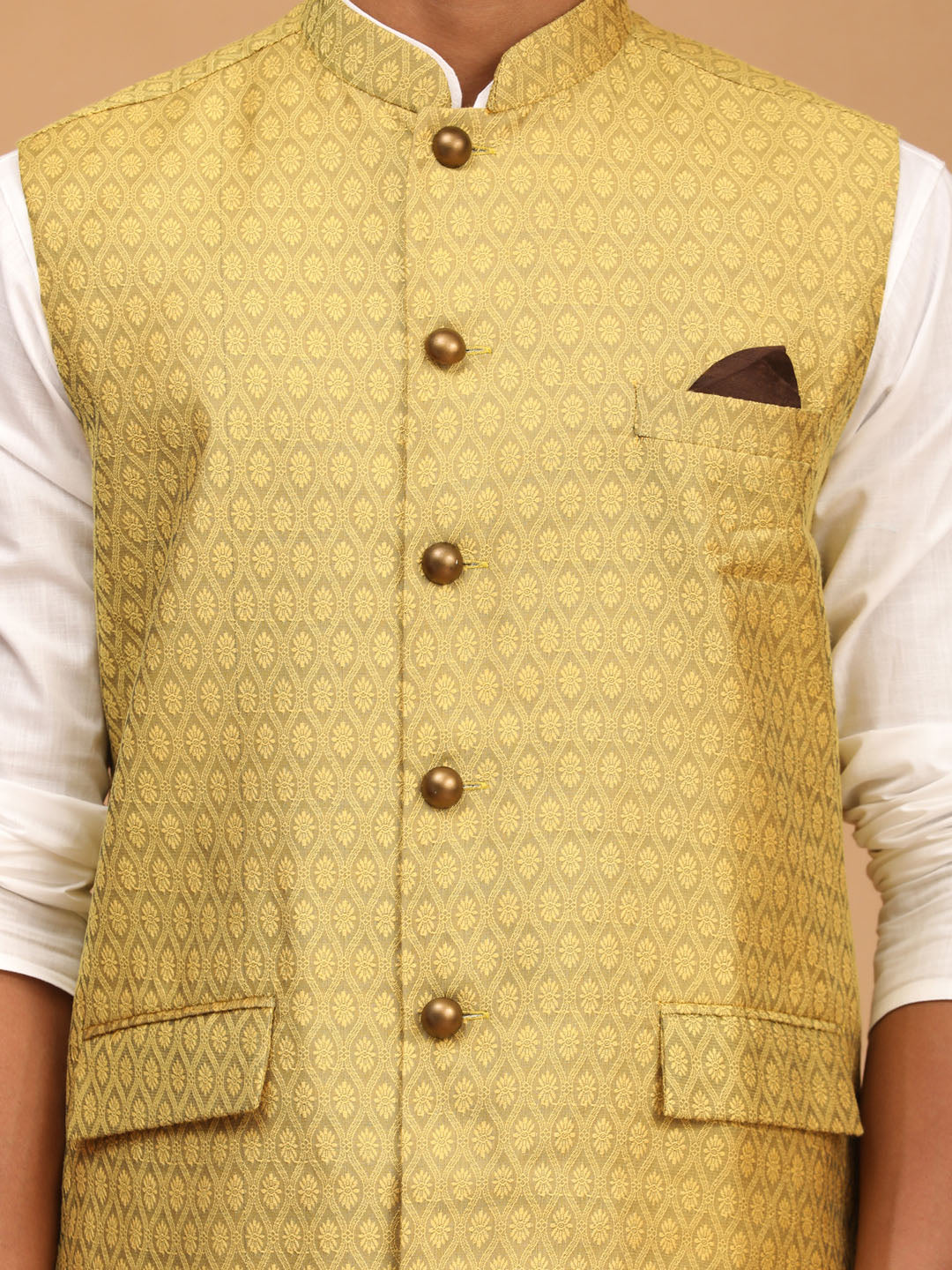 Vastramay Men's Yellow And White Cotton Blend Jacket, Kurta And Pyjama Set - Distacart