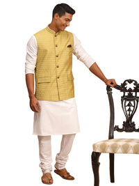 Thumbnail for Vastramay Men's Yellow And White Cotton Blend Jacket, Kurta And Pyjama Set - Distacart