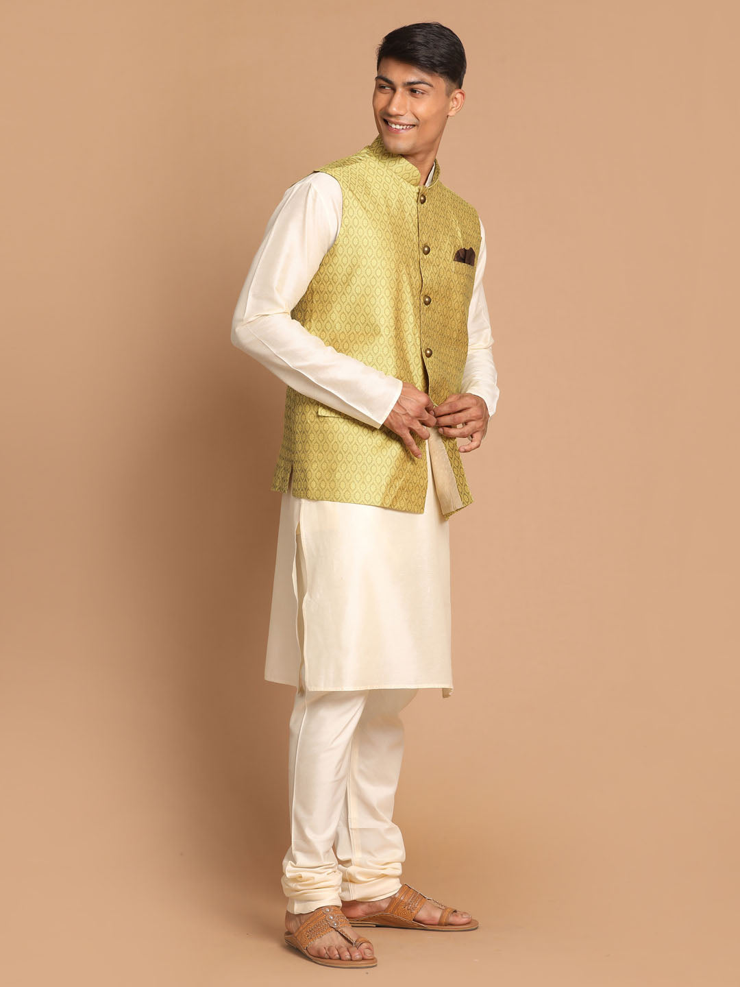 Vastramay Men's Yellow And Cream Viscose Jacket, Kurta And Pyjama Set - Distacart