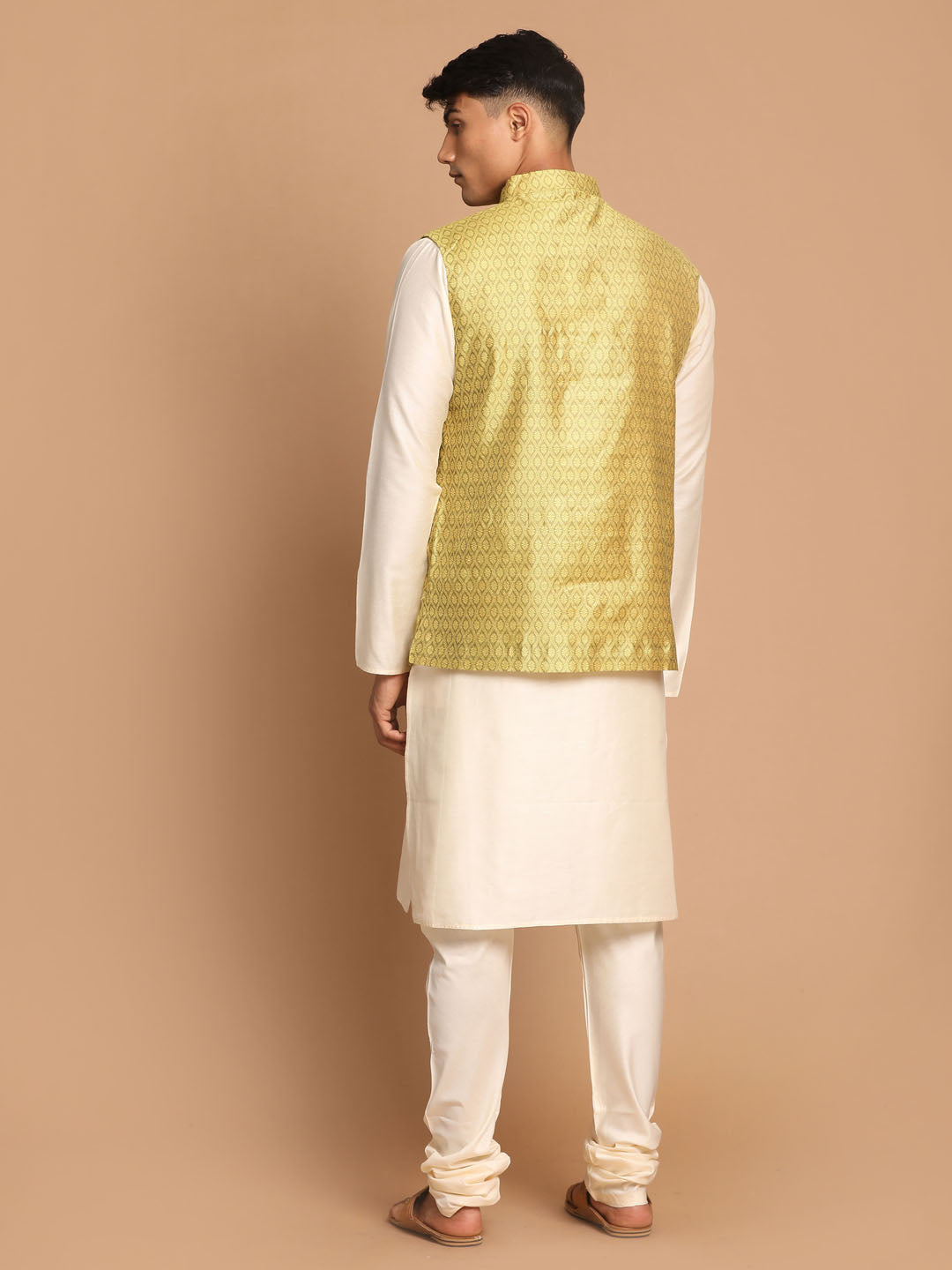 Vastramay Men's Yellow And Cream Viscose Jacket, Kurta And Pyjama Set - Distacart