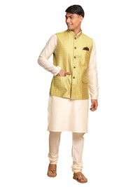 Thumbnail for Vastramay Men's Yellow And Cream Viscose Jacket, Kurta And Pyjama Set - Distacart
