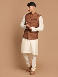 Thumbnail for Vastramay Men's Cream And Brown Viscose Jacket, Kurta And Pyjama Set - Distacart