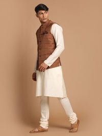 Thumbnail for Vastramay Men's Cream And Brown Viscose Jacket, Kurta And Pyjama Set - Distacart