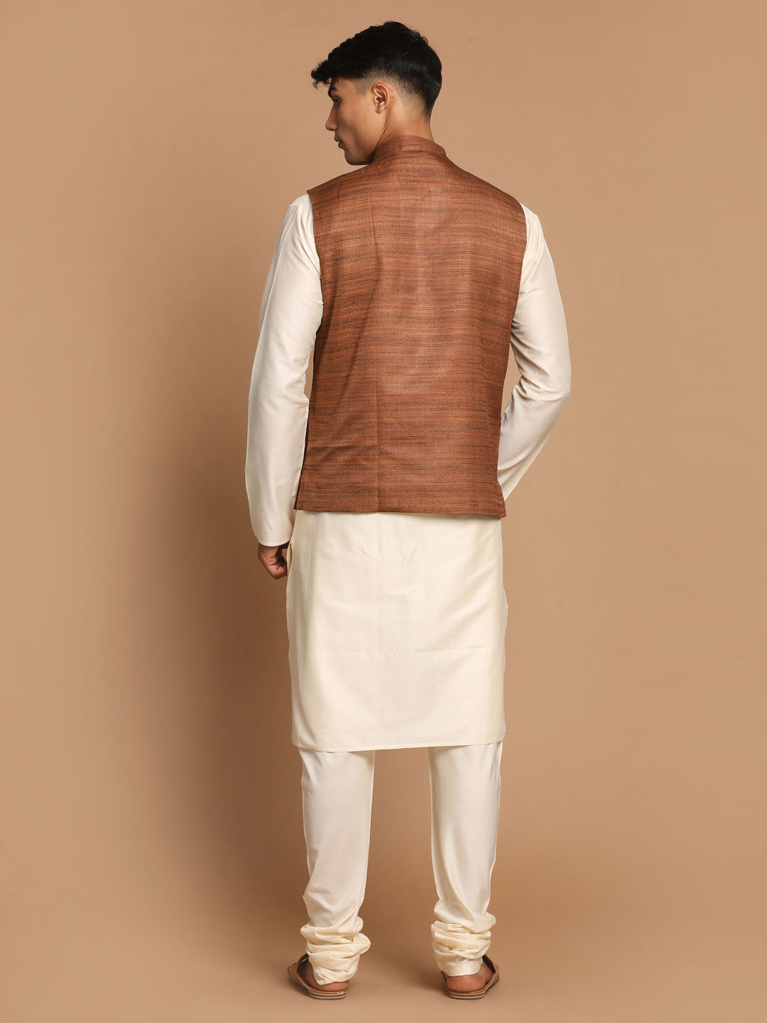 Vastramay Men's Cream And Brown Viscose Jacket, Kurta And Pyjama Set - Distacart